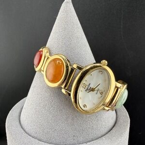 Main Line Time Watch Gemstone Band Gold Tone NEEDS BATTERY   7"
